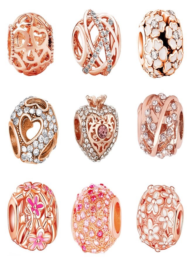 Acrobious 9PCS European Charms Beads Pendant For Bracelet, Charms for DIY Bracelets Necklace Jewellery Gift for Birthday Valentine's Day Party Christmas Mother's Day Rose Gold Heart Love Flowers - Image 1