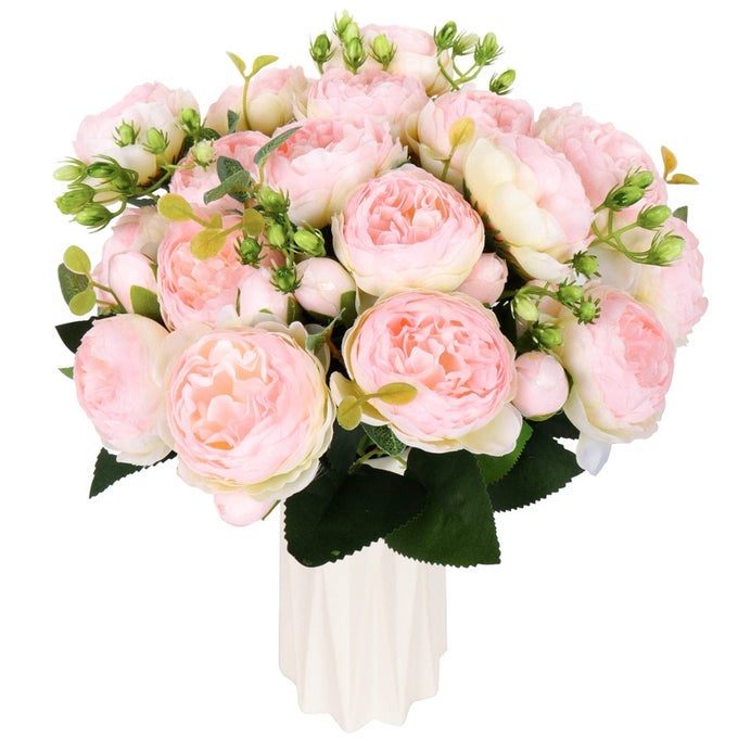 Artificial Peonies Flower Silk Peony Bouquet 4 Bundles Faux Persian Rose with Eucalyptus Leaves for Home Wedding Party Decoration Light Pink