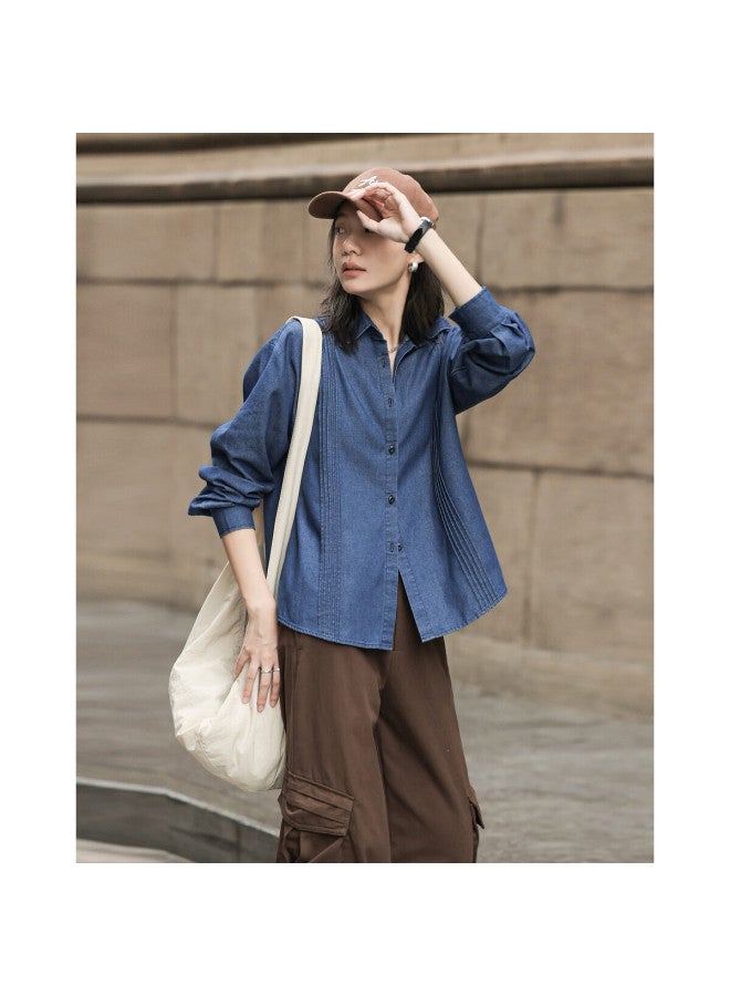 dme Demnaspring Skin-friendly Cloud Cotton Shirt Design Sense Turn-down Collar Pleated Shirt Women's Top - Image 3