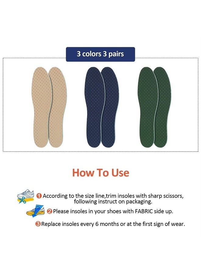 Sintege 3 Pairs Breathable Shoe Insoles Inserts Ultra-Soft Cushioning Walking Comfort Insoles Double-Layer Latex Foam Perforated Insoles Replacement Insoles for Men 7-11 Woman 2-8 (Khaki, Green, Blue) - Image 2