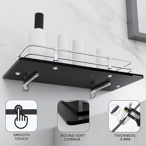 FORTUNE Multipurpose Wall Hung Glass Front Bathroom Shelf with Wall Brackets Storage Holder, 12 x 6 -inch -Black (Pack of 1) - Image 5