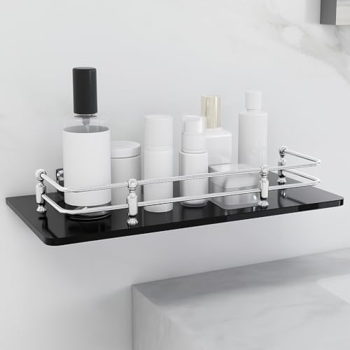 FORTUNE Multipurpose Wall Hung Glass Front Bathroom Shelf with Wall Brackets Storage Holder, 12 x 6 -inch -Black (Pack of 1) - Image 2