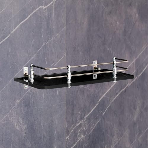 FORTUNE Multipurpose Wall Hung Glass Front Bathroom Shelf with Wall Brackets Storage Holder, 12 x 6 -inch -Black (Pack of 1) - Image 1