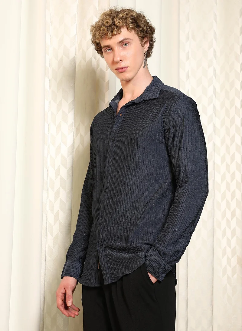 CAHOOT  Men's Navy Textured Cotton Blend Full Sleeve Shirt for Men | Best Price UAE