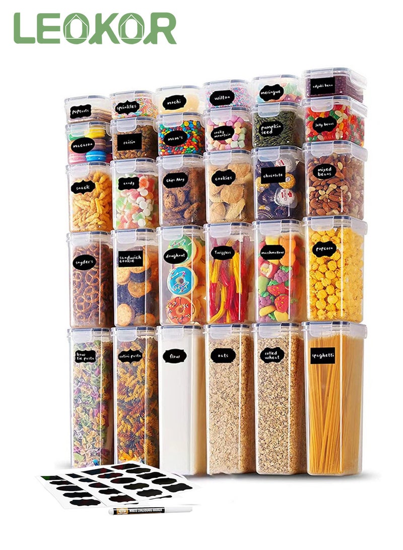 LEOKOR 30 Pack Airtight Kitchen Storage Organizer, Stackable Boxes Containers with Labels, BPA-Free Plastic Food Storage Containers for Sugar, Snack, Baking Supplies - Image 1