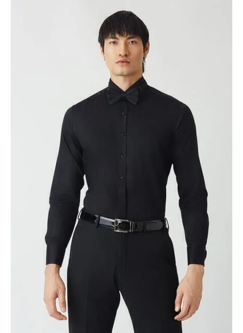Bisse Men's Slim Fit Long Sleeve Fold Collar Shirt BLACK GM21Y211350_D99