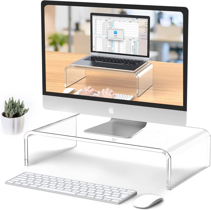 Beimu Acrylic Monitor Stand Riser L15''xW7.5''xH4'' Clear Laptop Stand for Desk Acrylic Monitor Riser for Desk Accessories Aesthetic Laptop Riser Clear Computer Stand White Office Supplies - Image 1