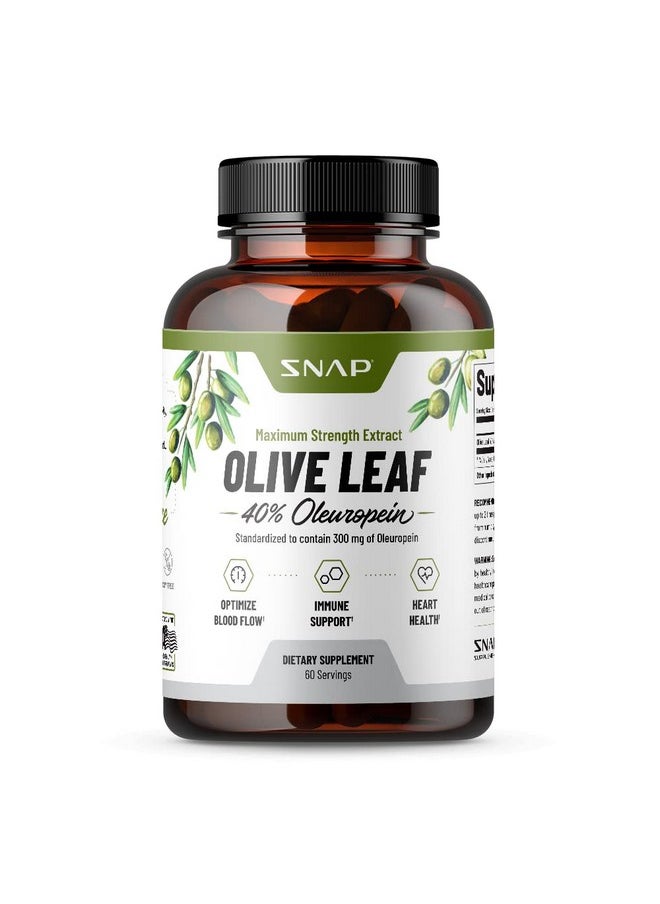 SNAP SUPPLEMENTS Olive Leaf Extract Capsules - Super Strength 40% Oleuropein for Blood Flow Support, Improve Digestion, Antioxidant Boost Supplement, Improve Brain Function (60 Capsules)  - Image 1