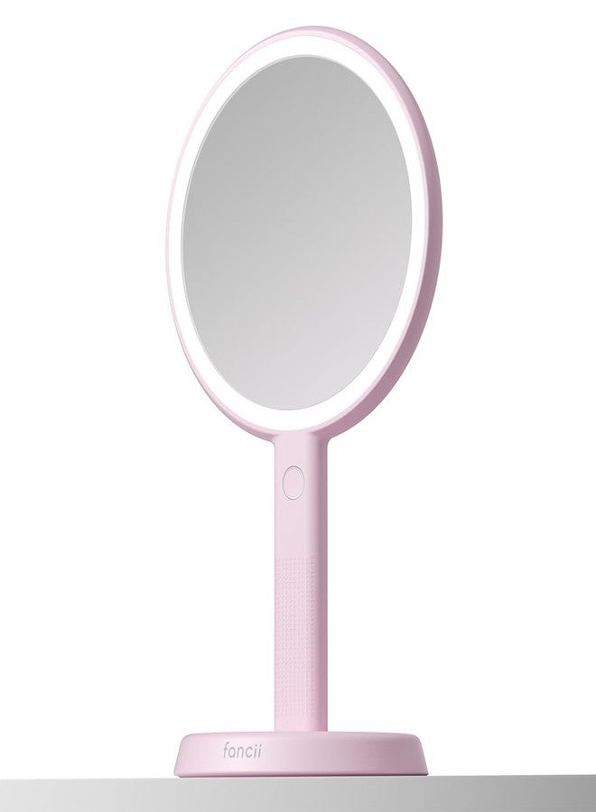 Fancii Cami Handheld Travel Makeup Mirror with Lights, Rechargeable, Extra Large, Double Sided 5X / 1X Magnifying Mirror - 3 Color Lighting, Handheld or Vanity (Strawberry Cream) - Image 1