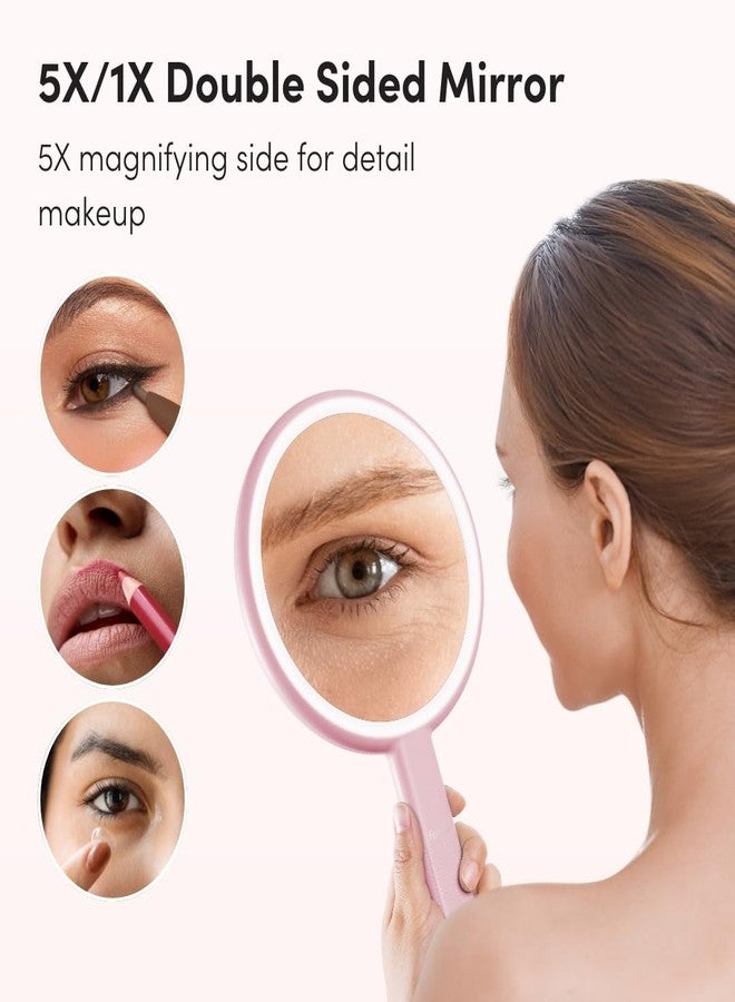 Fancii Cami Handheld Travel Makeup Mirror with Lights, Rechargeable, Extra Large, Double Sided 5X / 1X Magnifying Mirror - 3 Color Lighting, Handheld or Vanity (Strawberry Cream) - Image 2
