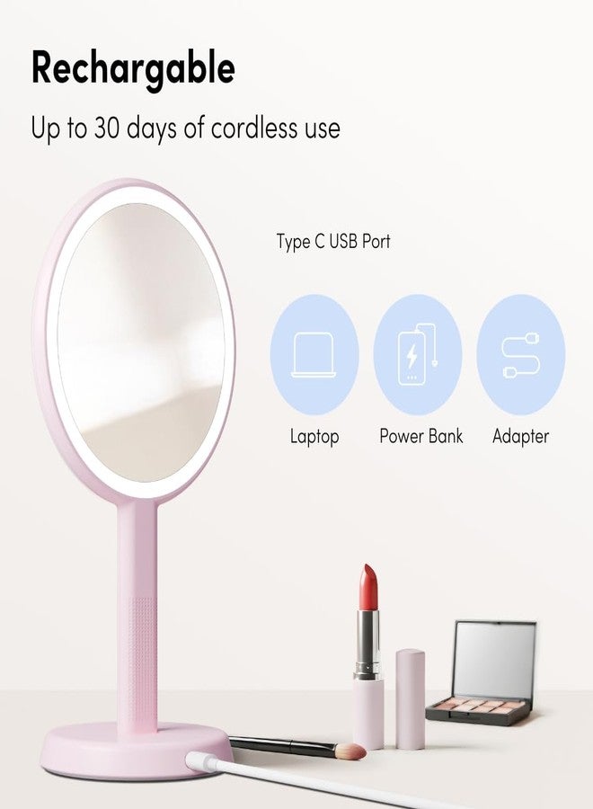Fancii Cami Handheld Travel Makeup Mirror with Lights, Rechargeable, Extra Large, Double Sided 5X / 1X Magnifying Mirror - 3 Color Lighting, Handheld or Vanity (Strawberry Cream) - Image 4