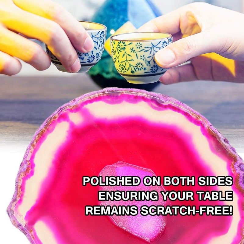 klarako Natural Agate Slice Geode Stone Coasters for Drinks,Crystal Quartz Cup Mats Coasters 3 4 inches  6 Colors to Choose  Fuschia - Image 4