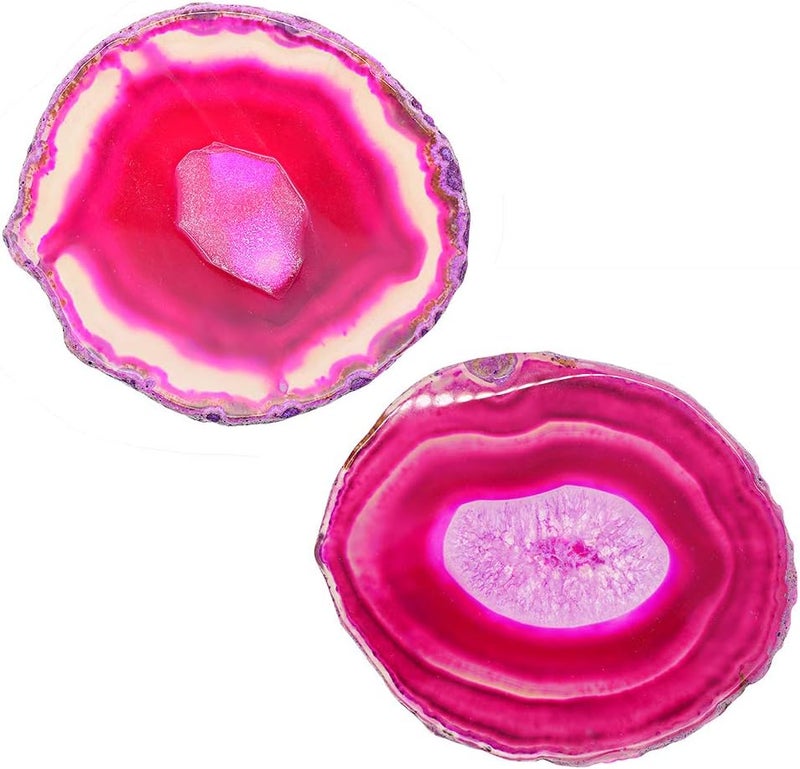 klarako Natural Agate Slice Geode Stone Coasters for Drinks,Crystal Quartz Cup Mats Coasters 3 4 inches  6 Colors to Choose  Fuschia - Image 3