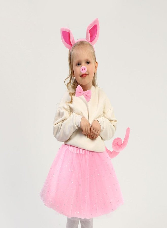 Exacoo Pink Pig Costume Set Fuzzy Pig Ears Headband Piggy Nose Tail Tutu Skirt Bowtie Kit Animal Circus Costumes Dress Up Halloween Cosplay Decoration Cute Piglet Outfit - Image 5