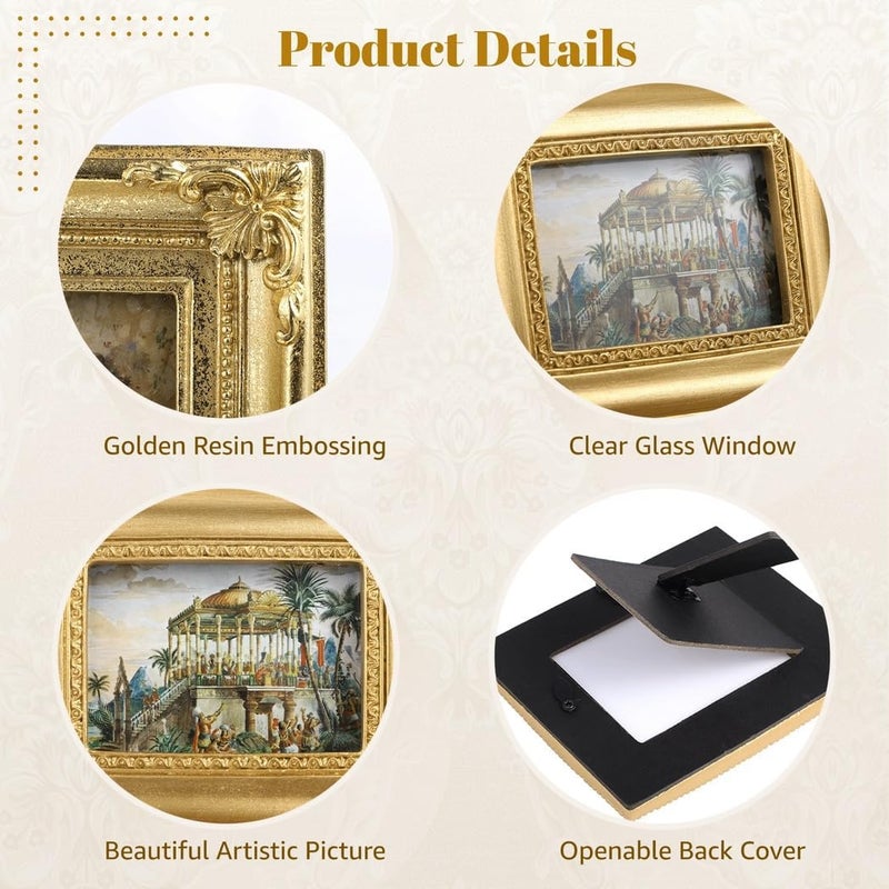 Vintage Golden Embossed Picture Frames, Baroque Design Set of 4 for Wall Mount Or Tabletop Display - Image 2
