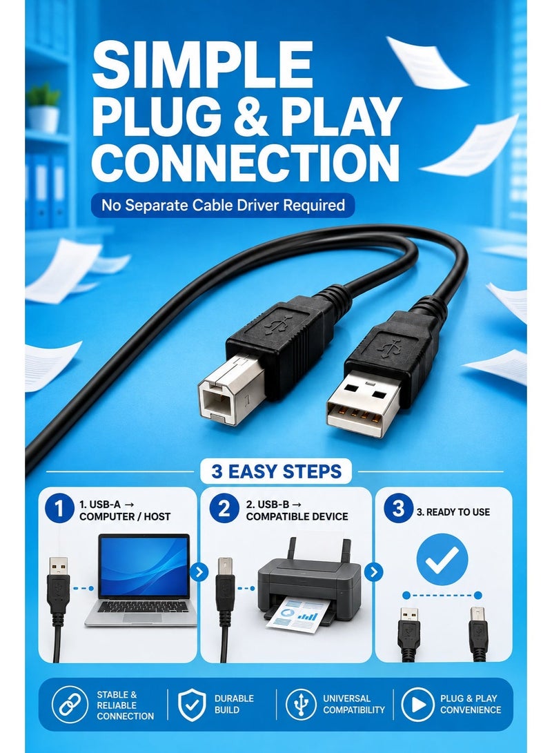فوجيشكا كابل طابعة FUJISHKA USB 2.0، من نوع USB-A (ذكر) إلى USB-B (ذكر)، بطول 1.5 متر، سرعة نقل بيانات تصل إلى 480 ميجابت في الثانية، متوافق مع الطابعات والماسحات الضوئية، لون أسود. - Image 5