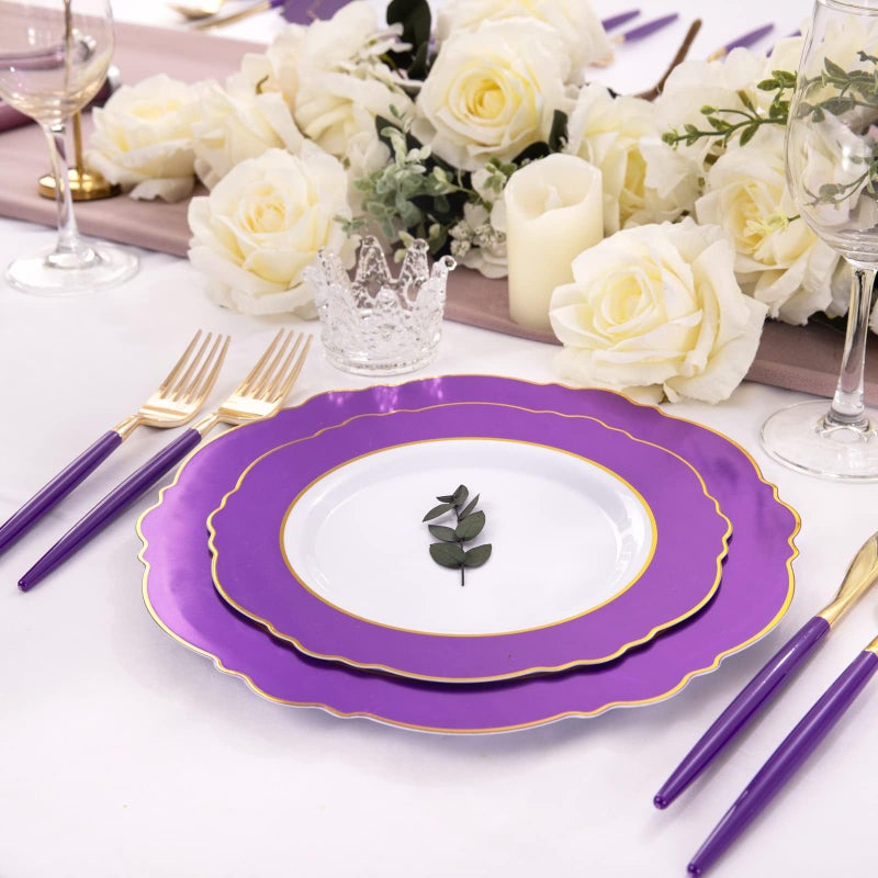 WDF أطباق بلاستيكية بنفسجية WDF 30 ضيف مع حافة ذهبية وأدوات مائدة بلاستيكية ذهبية قابلة للتخلص مع مقبض بنفسجي - أطباق باروك بنفسجية لحفلات ماردى غرا لحفلات عيد الميلاد - Image 4