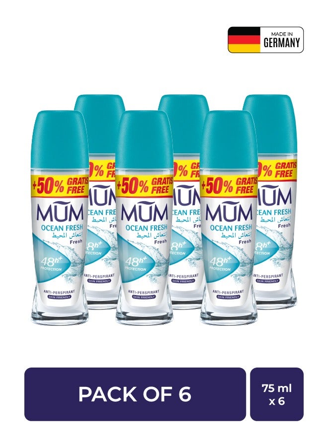 MUM Deodorant Roll-on - Ocean Fresh, 48-Hrs Protection, Quick Drying Formula For All Skin Type, Pack of 6, 75ml Each - Image 1