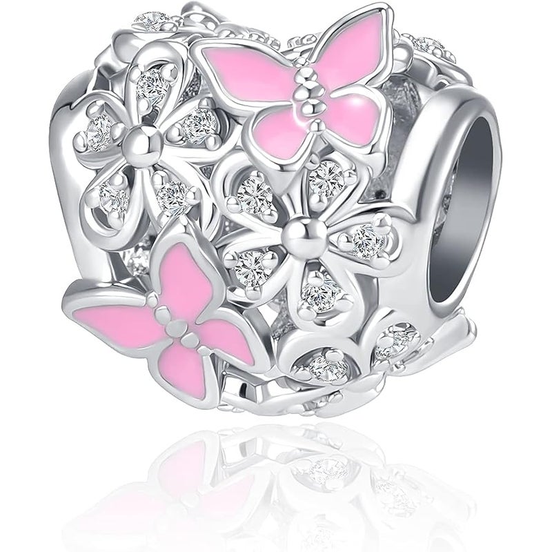 QeenseKc Butterfly Flower Garden Charm Magnolia Bloom Crystal Opennwork Enamel Bead for Pandora Charm Bracelet - Image 1
