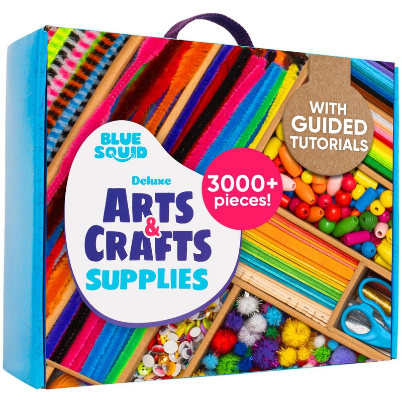 Blue Squid Arts & Crafts Chest - 3000+ pcs Deluxe Craft Supplies Box with 2 Drawers, 18 Compartments, Sturdy Handle - School Art Crafting Kit Set for Kids, Girls, Boys Ages 4 5 6 7 8 9 10 11 12 - Image 1