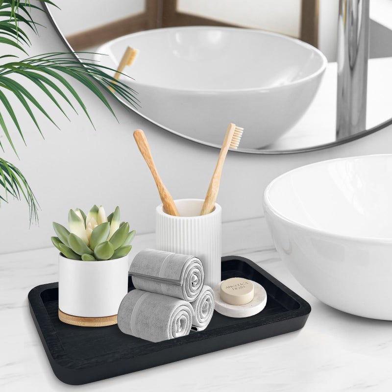 Bayting Bamboo Vanity Bathroom Tray for Counter, Bamboo Tray for Bathroom, Toilet Tank, Perfume 11.8L x 5.9W x 0.8H inch (Black) - Image 3