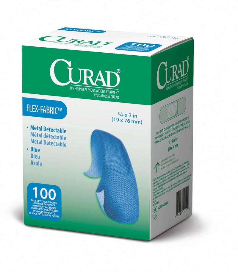 لصقات CURAD القابلة للكشف عن المعادن للخدمات الغذائية من القماش الأزرق 34 × 3 عبوة من 100
