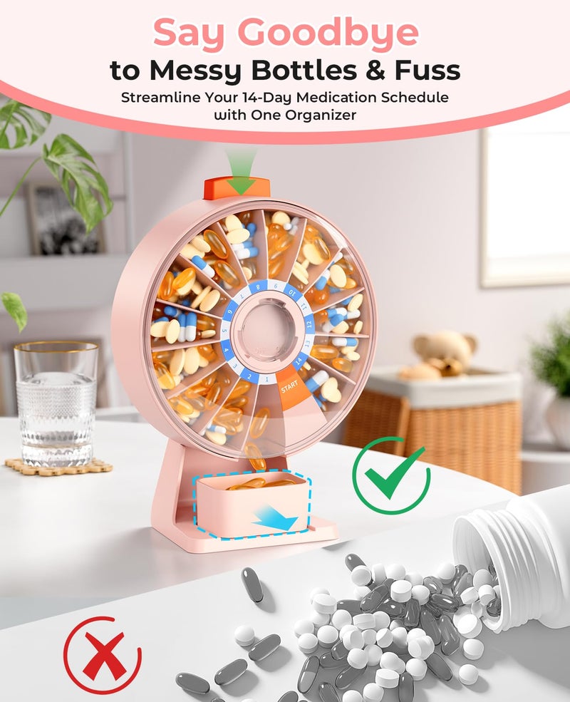 Daviky Pill Dispenser Daily, Large Pill Organizer with Wall-Mounted or Standing Use, 14 Days Pill Container, Push Button Design, Weekly Pill Box for Vitamin, Medicine,Supplement, Fish Oil(Pink) - Image 3