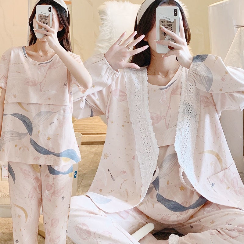 Postpartum Nursing Cotton Outfit Set 8856 painting lotus leaf [in short sleeve]] 