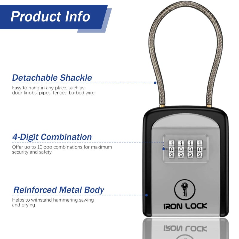 Iron LockÂ® Key Lock Box Portable with Cable Shackle â€“ Small Waterproof Heavy-Duty Metal Safe with 4-Digit Combination for Spare Keys Outside on Door Knob, Fence, Pipe or Gate (Grey, Small) - Image 5
