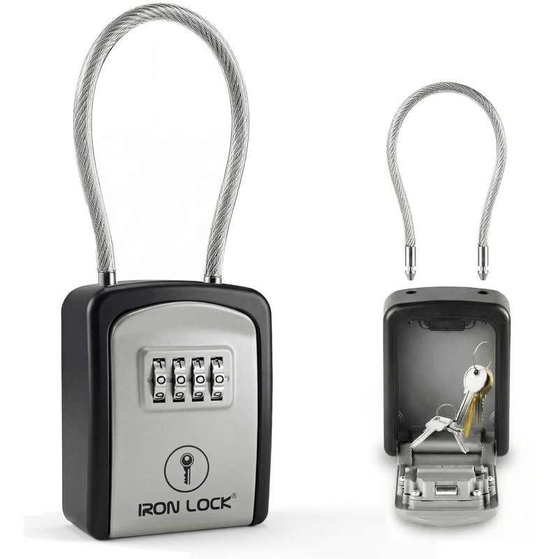 Iron LockÂ® Key Lock Box Portable with Cable Shackle â€“ Small Waterproof Heavy-Duty Metal Safe with 4-Digit Combination for Spare Keys Outside on Door Knob, Fence, Pipe or Gate (Grey, Small) - Image 1