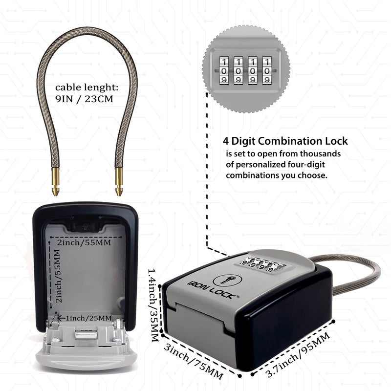 Iron LockÂ® Key Lock Box Portable with Cable Shackle â€“ Small Waterproof Heavy-Duty Metal Safe with 4-Digit Combination for Spare Keys Outside on Door Knob, Fence, Pipe or Gate (Grey, Small) - Image 3