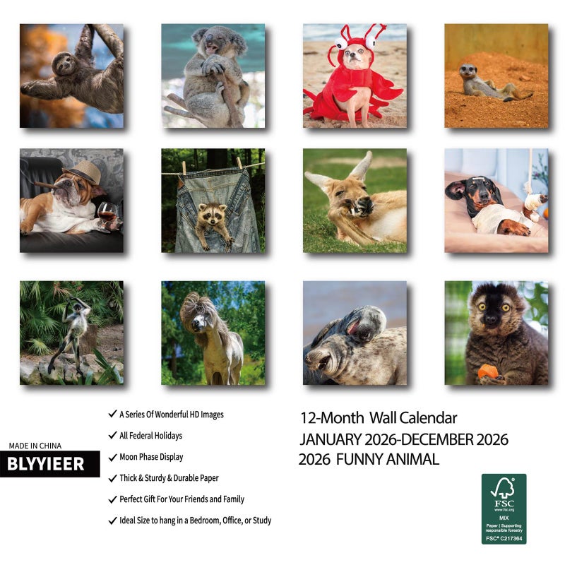 BLYYIEER 2026 Wall Calendar Funny Animal, 14 Months Hangable Wall Calendars, 12" x 24" (Open), Thick Glossy Paper, Organizing & Planning - Image 2