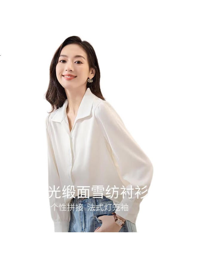 First Application Chushen Spring And Autumn Long Sleeve Shirt Women's French Style Satin Design Professional Commute Casual White Shirt S43s002 - Image 2