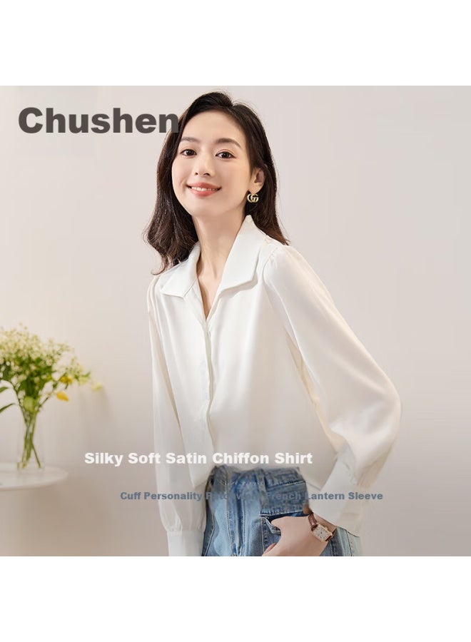 First Application Chushen Spring And Autumn Long Sleeve Shirt Women's French Style Satin Design Professional Commute Casual White Shirt S43s002 - Image 1