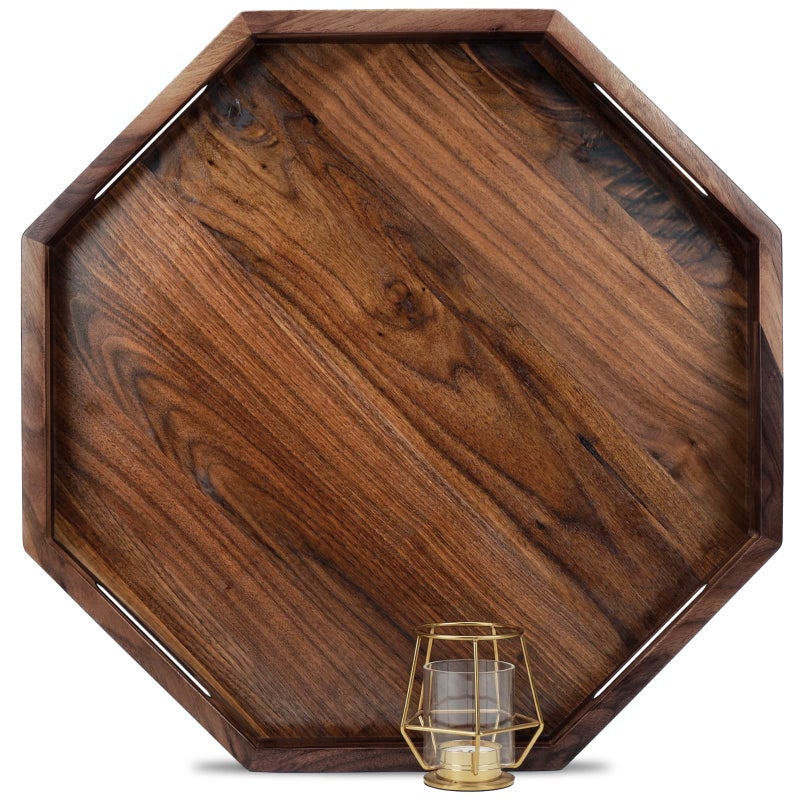 MAGIGO 20 Inches Extra Large Octagonal Black Walnut Wood Ottoman Tray with Handles Serve Tea Coffee Classic Wooden Decorative Serving Tray