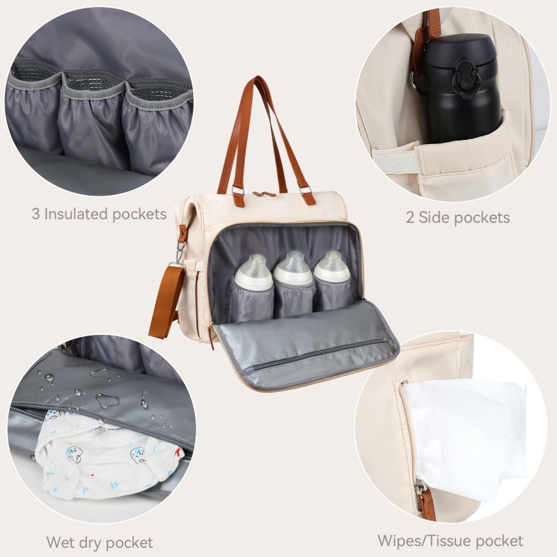 Pripher Diaper Bag Backpack Baby Bag, 4 in 1 Diaper Bag Tote, Mom Bag for Hospital with 14 Pockets, Diaper Tote Bag for Labor  Delivery, Large Waterproof Baby Travel Bag with 3 Insulated Pockets, Beige - Image 4