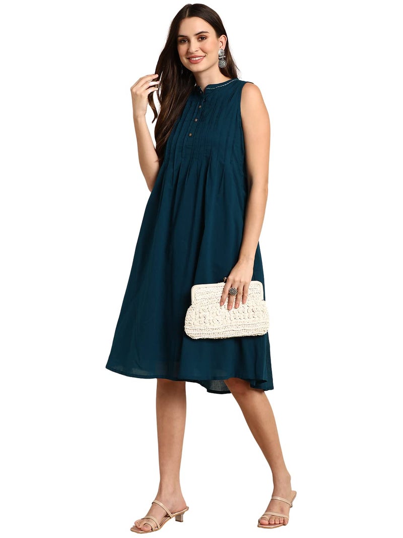 Janasya Women's Teal Cotton Western Dress (J0395-DR-XXL) - Image 1