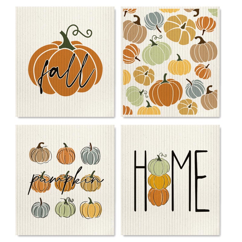 AnyDesign Fall Pumpkin Swedish Dishcloth Sweet Home Autumn Kitchen Cotton Dish Towel Reusable Washable Pumpkin Absorbent Dish Cloth for Housewarming Counter Cleaning 4Pcs 7 x 8 Inch