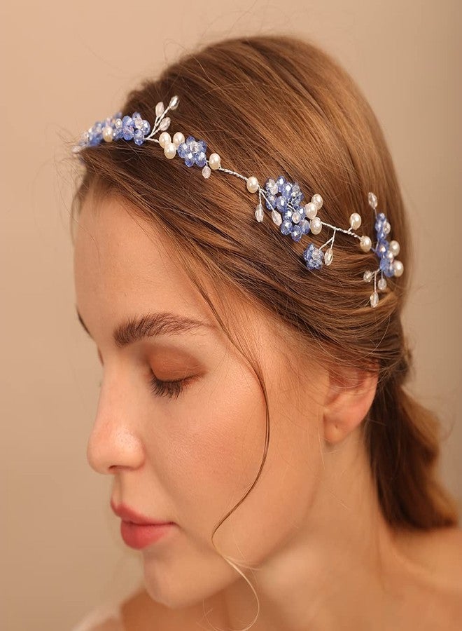 Jumwrit Wedding Rhinestone Headband Blue Flower Headband Handmade Pearl Bridal Headpiece Bride Bridesmaid Hair Accessories - Image 2
