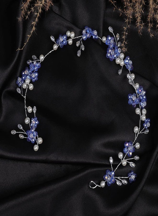 Jumwrit Wedding Rhinestone Headband Blue Flower Headband Handmade Pearl Bridal Headpiece Bride Bridesmaid Hair Accessories - Image 4