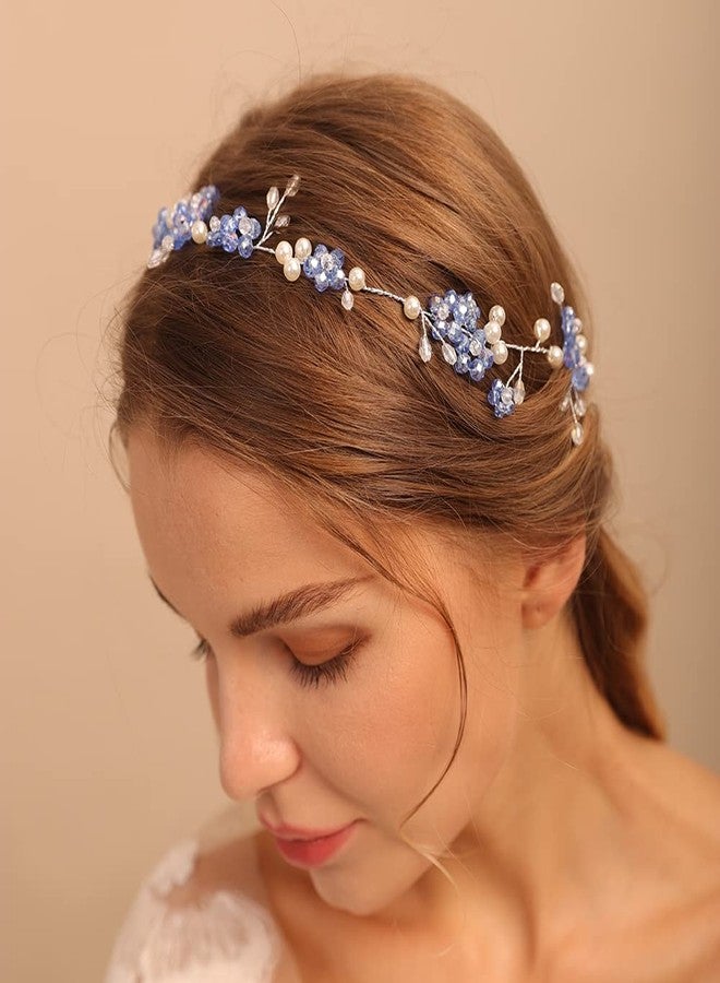 Jumwrit Wedding Rhinestone Headband Blue Flower Headband Handmade Pearl Bridal Headpiece Bride Bridesmaid Hair Accessories - Image 3