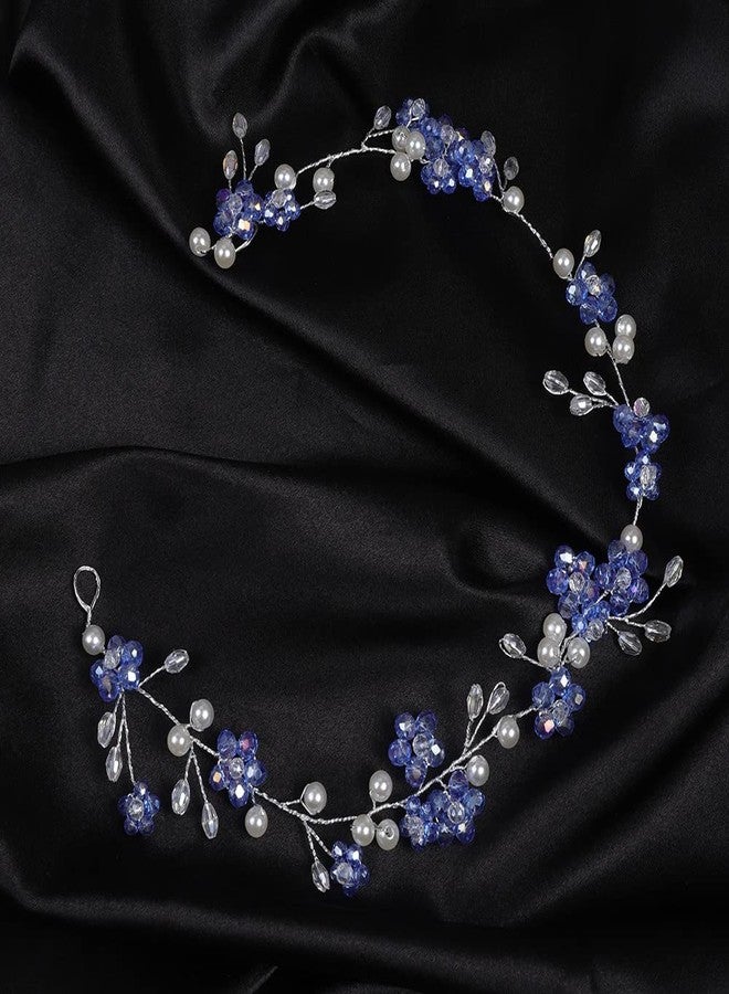 Jumwrit Wedding Rhinestone Headband Blue Flower Headband Handmade Pearl Bridal Headpiece Bride Bridesmaid Hair Accessories - Image 5