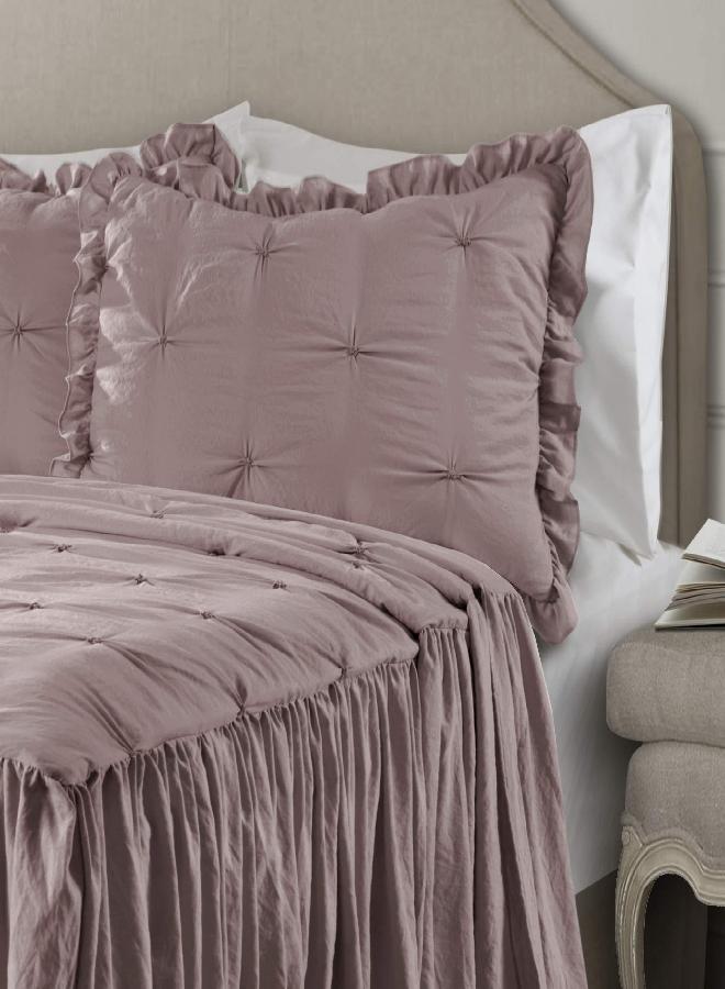 Lush Decor Lush Decor Ravello Pintuck Ruffle Skirt Bedspread Vintage Chic Farmhouse Style Lightweight 3 Piece Set, King, Woodrose  - Image 2