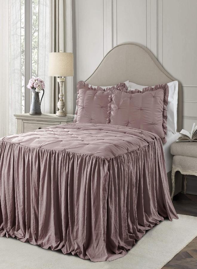 Lush Decor Lush Decor Ravello Pintuck Ruffle Skirt Bedspread Vintage Chic Farmhouse Style Lightweight 3 Piece Set, King, Woodrose  - Image 1