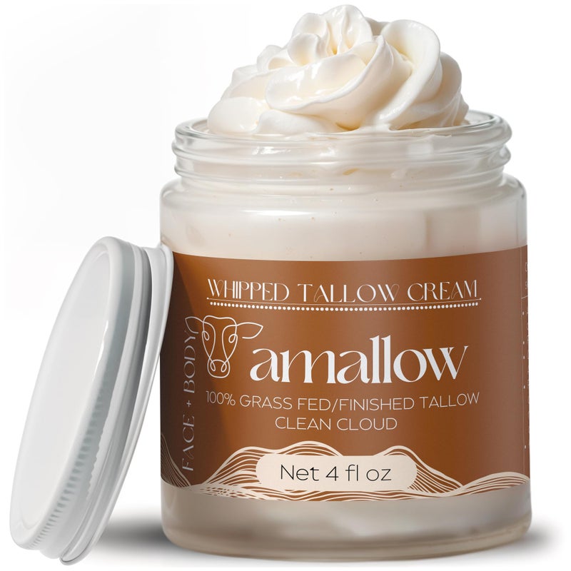 Amallow 100 Grass Fed Beef Tallow for Skin Care  Face  Body  Whipped Moisturizer  Natural Lotion 4 FL oz Clean Cloud