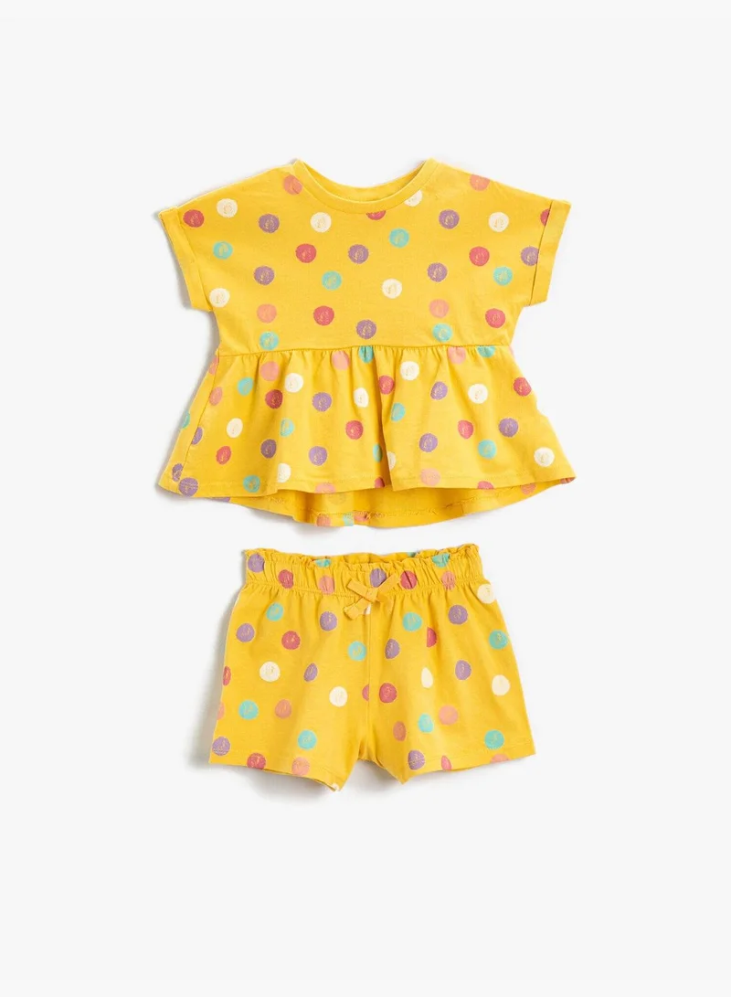 KOTON Polka Dot Printed Frilled T-shirt Shorts Set Cotton