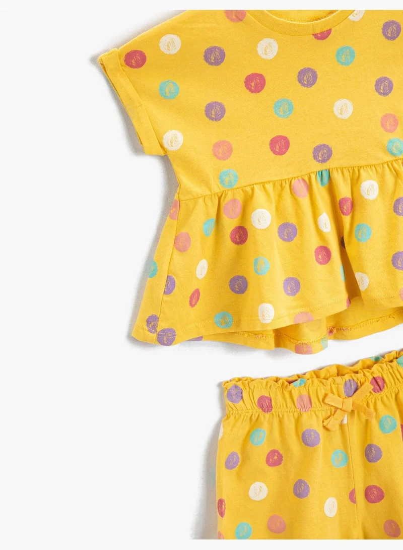 KOTON Polka Dot Printed Frilled T-shirt Shorts Set Cotton