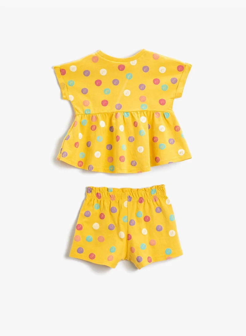 KOTON Polka Dot Printed Frilled T-shirt Shorts Set Cotton