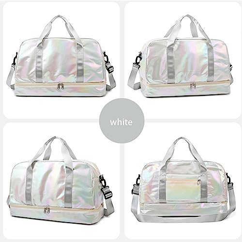 Aikelai Holographic Shimmering Gym Duffle Bag with Shoes Compartment Wet Pocket Women Weekend Overnight Travel Bag Gymnastic Dance Bag for Girl white - Image 3