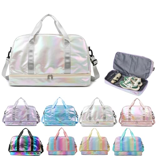 Aikelai Holographic Shimmering Gym Duffle Bag with Shoes Compartment Wet Pocket Women Weekend Overnight Travel Bag Gymnastic Dance Bag for Girl white - Image 1